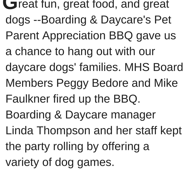 text block that advertises MHS boarding and daycares pet parent appreciation bbq.