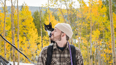 A black and white cat perched on a person's shoulder.