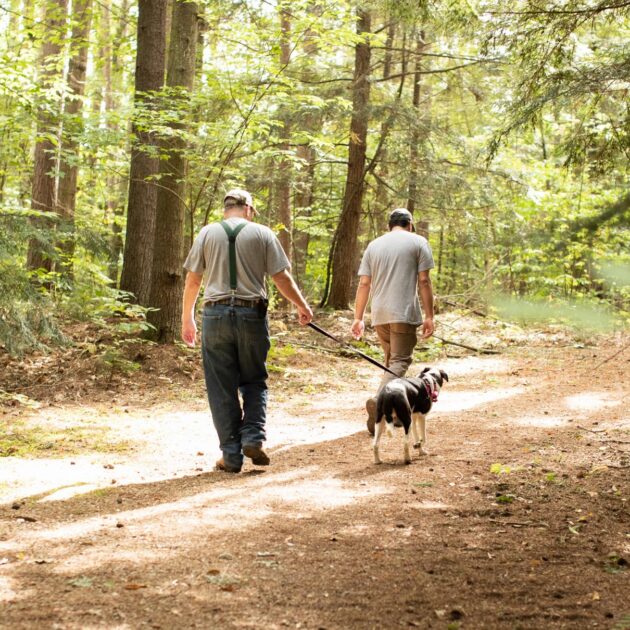 Two people walking a dog on a MHS trail.
