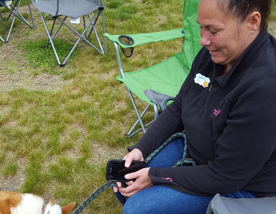 woman holding dog on leash while sitting on folding chair.