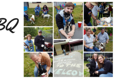 Photo collage of pets and their owners at a pet parent appreciation bbq.